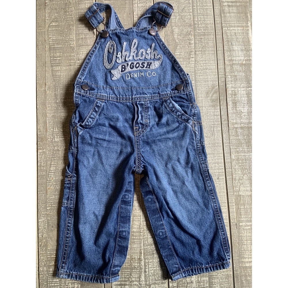 OshKosh B'gosh Overalls Boys 18M Blue Denim Bib Logo Snap Leg Pockets Toddler